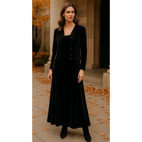 Vintage Black Velvet 2 Piece Dress Set Tank Maxi & Cardigan Medium Witchy Vamp - Picture 1 of 11
